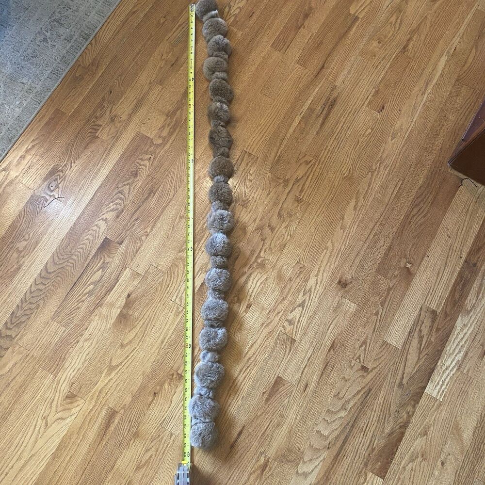 Brown Rabbit Fur Ball Scarf 59” Length, Leather Strip Connection - Picture 3 of 4